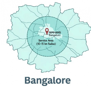Map of Bengaluru showing the VayoManasa Sanjeevani Gruha service area, a 10 to 15 kilometre radius around NIMHANS